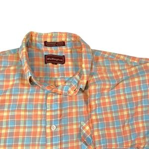 Wellington Large Orange Blue Plaid Button Down Shirt Short‎ Sleeve Retro Preppy